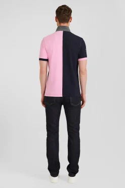 Polo manches courtes bicolore en piqué coton bleu marine et rose coupe Regular