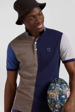 Polo manches courtes colorblock en piqué coton bleu marine coupe Regular