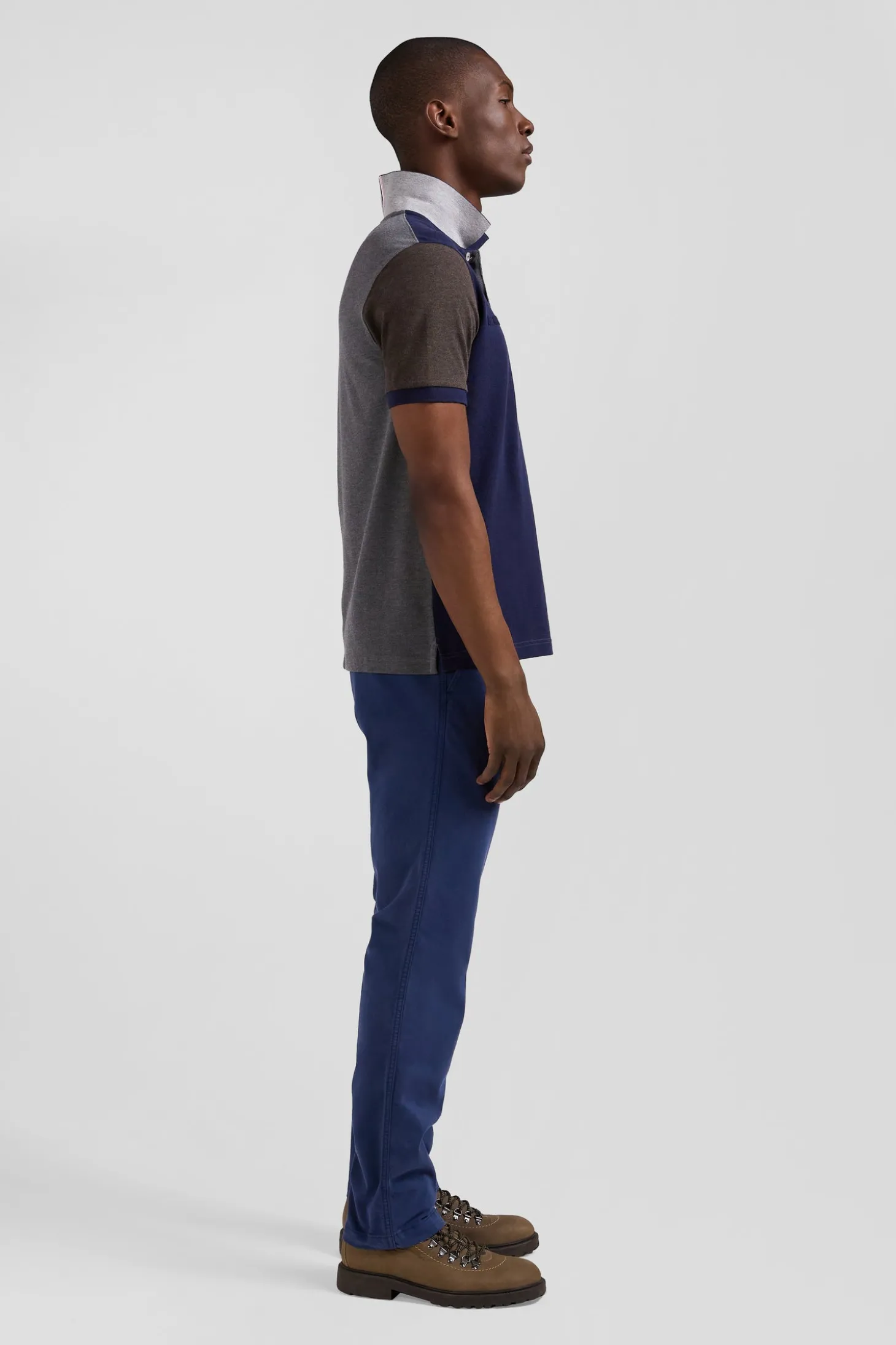 Polo manches courtes colorblock en piqué coton gris coupe Regular
