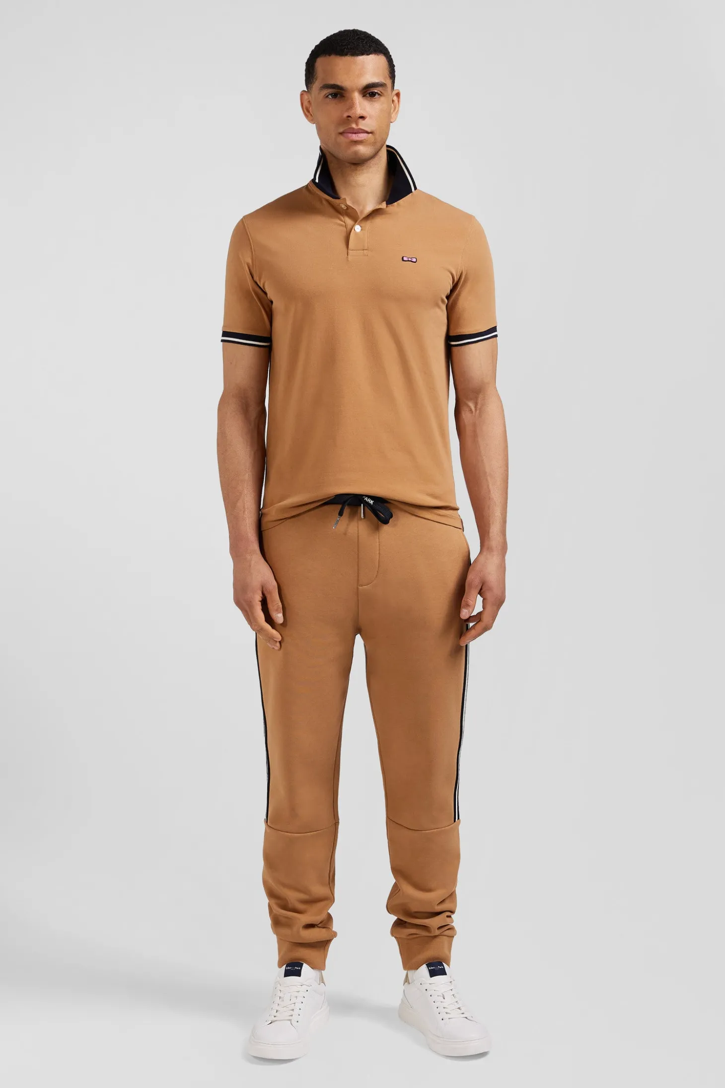 Polo manches courtes en coton stretch camel col jacquard Eden Park coupe Slim
