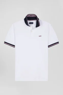 Polo manches courtes en coton stretch blanc col jacquard Eden Park coupe Slim