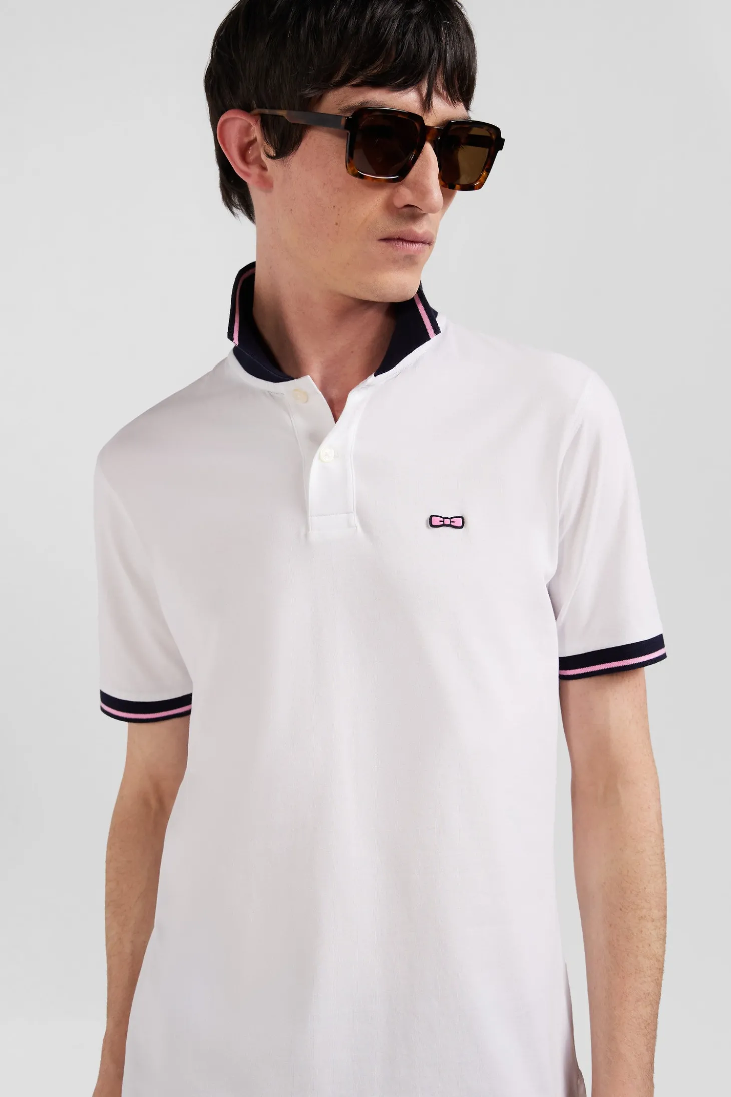 Polo manches courtes en coton stretch blanc col jacquard Eden Park coupe Slim