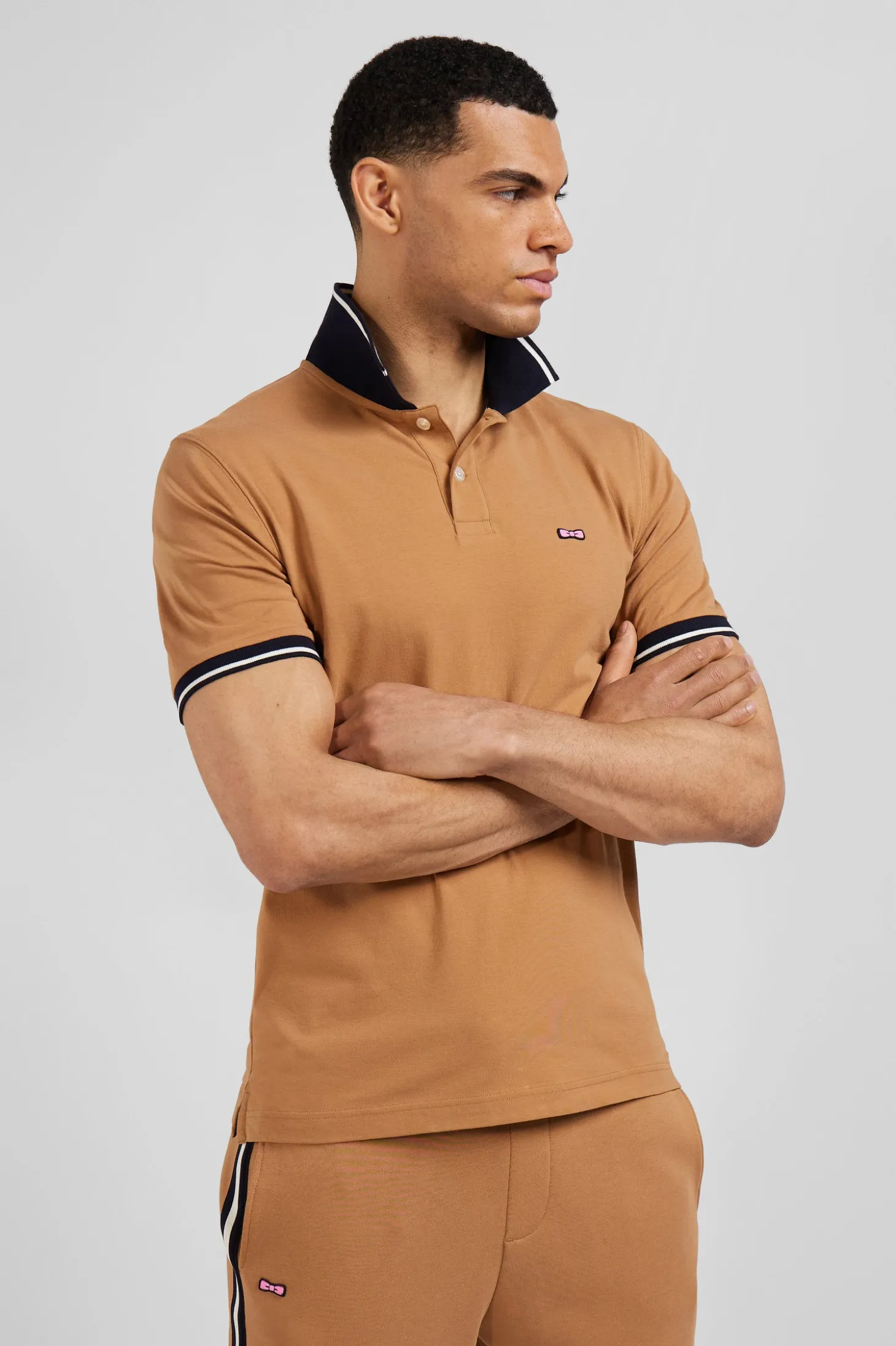 Polo manches courtes en coton stretch camel col jacquard Eden Park coupe Slim