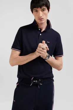 Polo manches courtes en coton stretch bleu marine col jacquard Eden Park coupe Slim