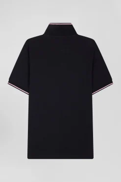 Polo manches courtes en coton stretch bleu marine col jacquard Eden Park coupe Slim