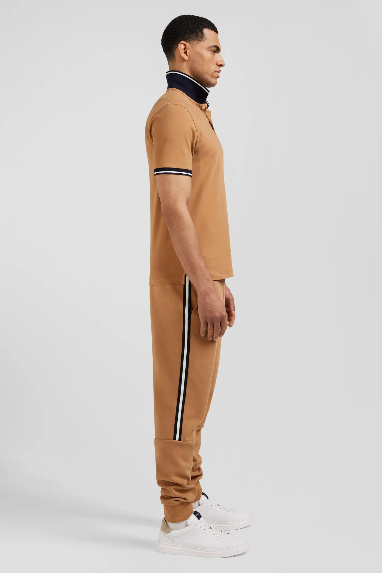 Polo manches courtes en coton stretch camel col jacquard Eden Park coupe Slim