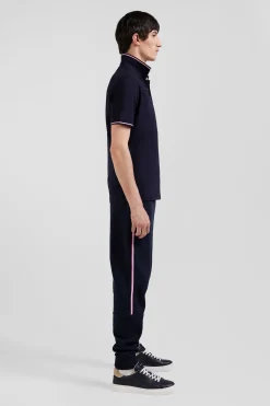 Polo manches courtes en coton stretch bleu marine col jacquard Eden Park coupe Slim