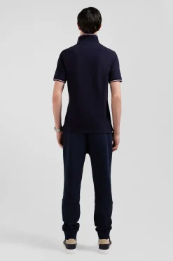 Polo manches courtes en coton stretch bleu marine col jacquard Eden Park coupe Slim