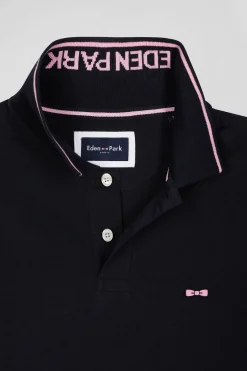 Polo manches courtes en coton stretch bleu marine col jacquard Eden Park coupe Slim