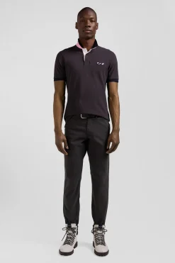 Polo manches courtes en piqué coton marron broderie cerclée coupe Regular