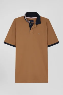 Polo manches courtes en piqué coton camel détails contrastés coupe Regular