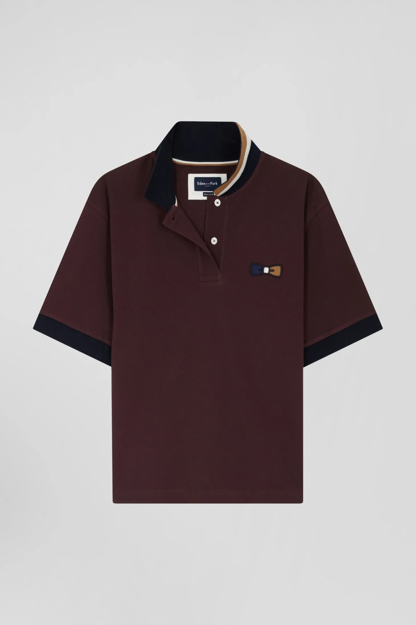 Polo manches courtes en piqué coton bordeaux col tricolore coupe Oversized