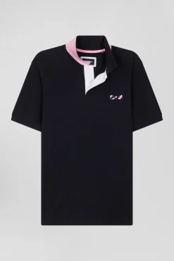 Polo manches courtes en piqué coton bleu marine broderie cerclée coupe Regular
