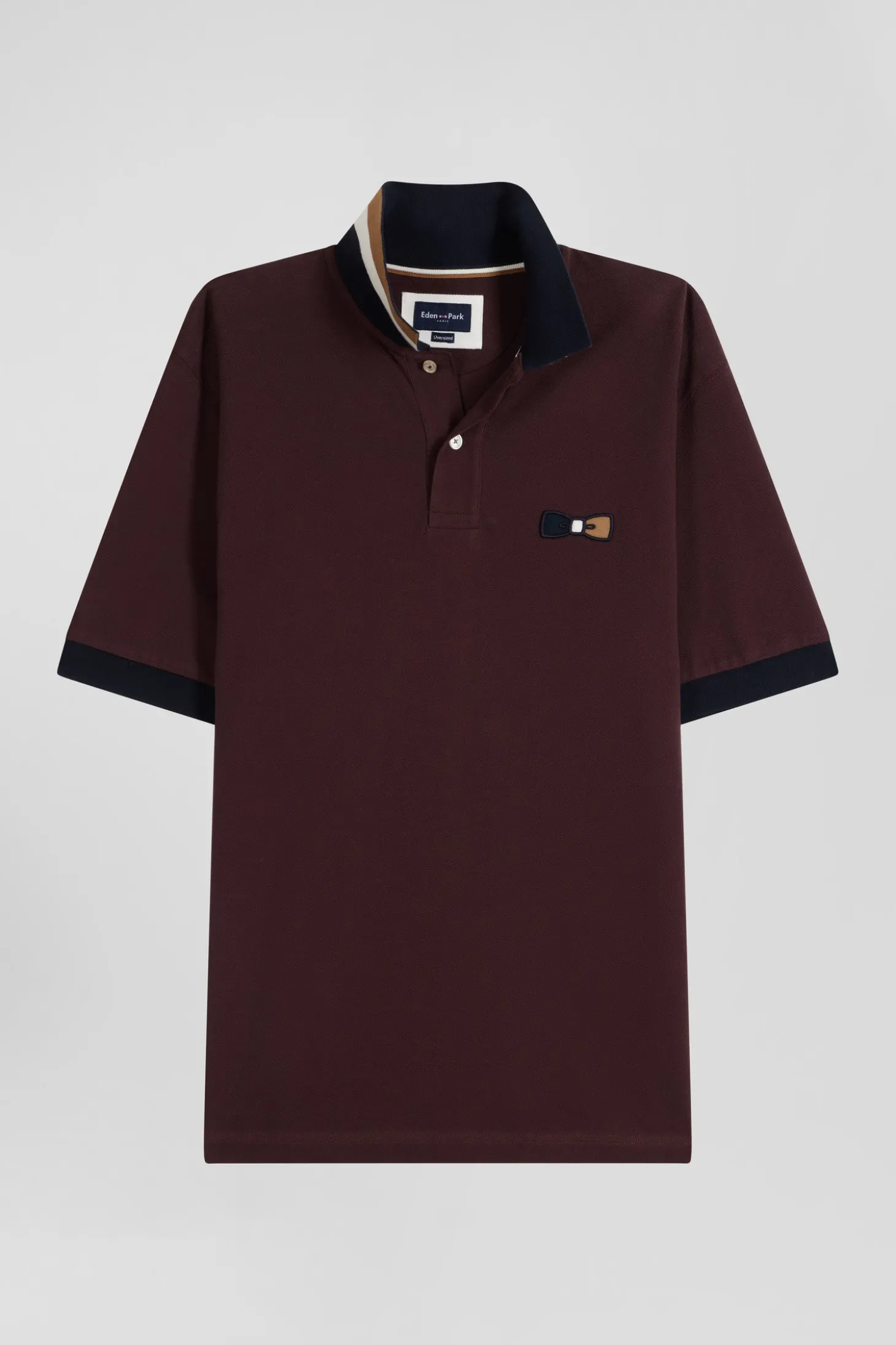 Polo manches courtes en piqué coton bordeaux détails tricolores coupe Oversized