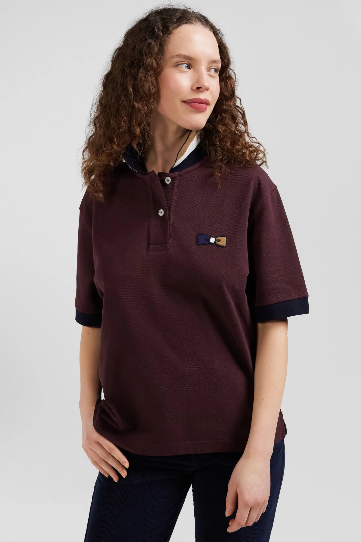 Polo manches courtes en piqué coton bordeaux col tricolore coupe Oversized
