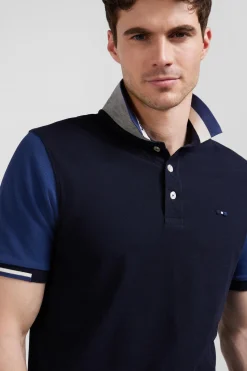 Polo manches courtes en piqué coton bleu marine col jacquard Eden Park coupe Regular