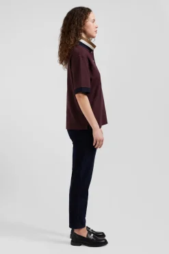 Polo manches courtes en piqué coton bordeaux col tricolore coupe Oversized