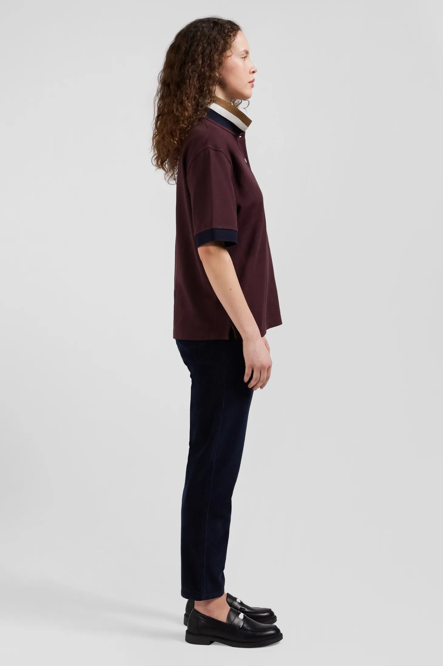 Polo manches courtes en piqué coton bordeaux col tricolore coupe Oversized