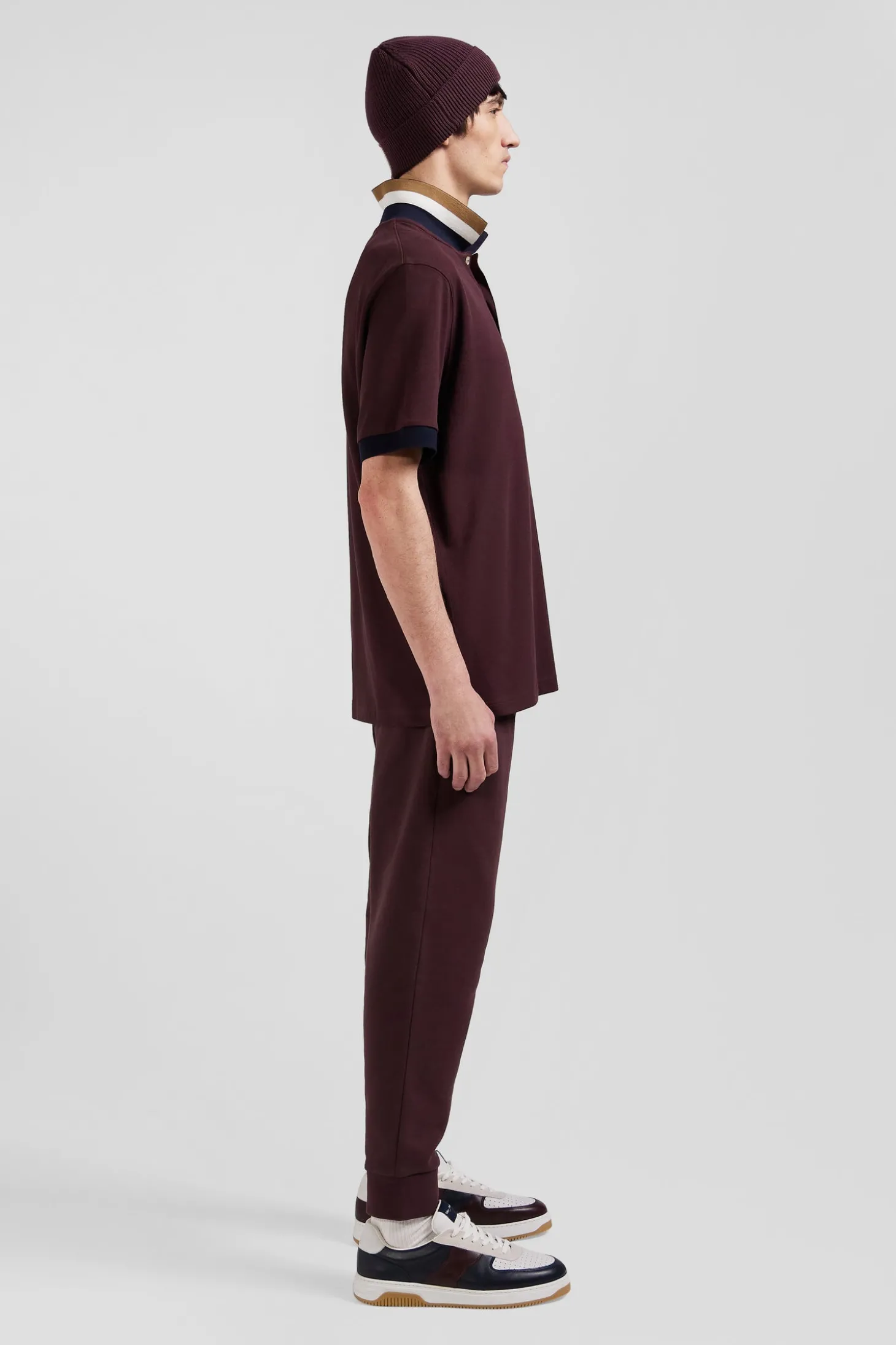 Polo manches courtes en piqué coton bordeaux détails tricolores coupe Oversized
