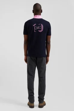 Polo manches courtes en piqué coton bleu marine broderie cerclée coupe Regular