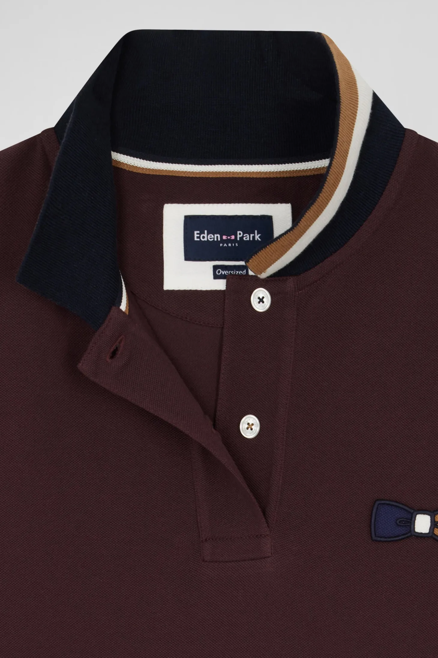 Polo manches courtes en piqué coton bordeaux col tricolore coupe Oversized