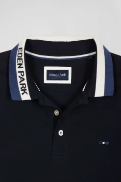 Polo manches courtes en piqué coton bleu marine col jacquard Eden Park coupe Regular