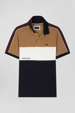 Polo manches courtes tricolore en piqué coton camel inscription Eden Park coupe Regular