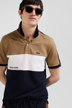 Polo manches courtes tricolore en piqué coton camel inscription Eden Park coupe Regular