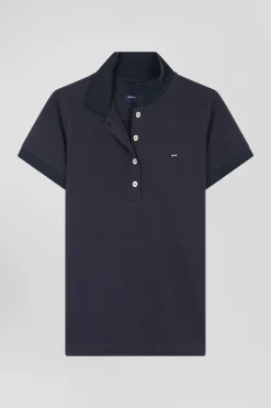 Polo manches courtes uni en coton stretch bleu marine coupe Slim