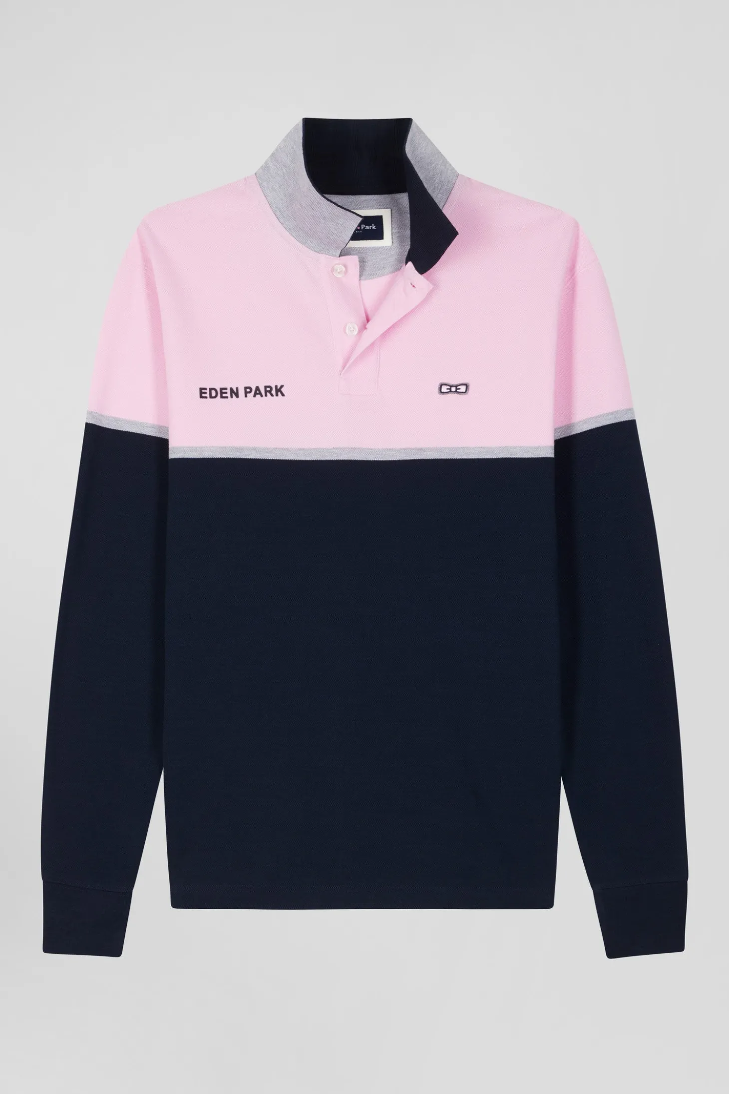 Polo manches longues bicolore en piqué coton bleu marine coupe Regular