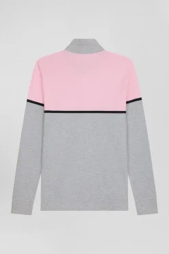 Polo manches longues bicolore en piqué coton rose coupe Regular
