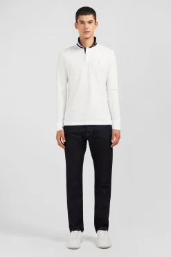 Polo manches longues blanc en coton avec col contrasté
