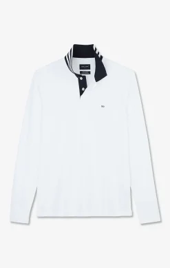 Polo manches longues blanc en coton avec col contrasté