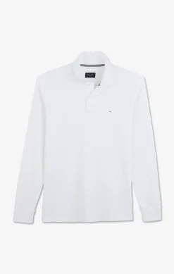 Polo manches longues blanc uni en piqué de coton stretch