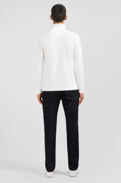 Polo manches longues blanc uni en piqué de coton stretch