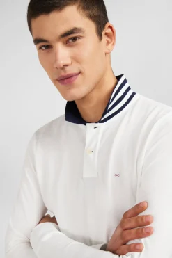 Polo manches longues blanc en coton avec col contrasté