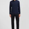 Polo manches longues bleu marine uni en piqué de coton stretch