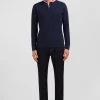 Polo manches longues bleu marine en coton avec col contrasté