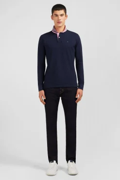 Polo manches longues bleu marine en coton avec col contrasté