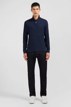 Polo manches longues bleu marine uni en piqué de coton stretch