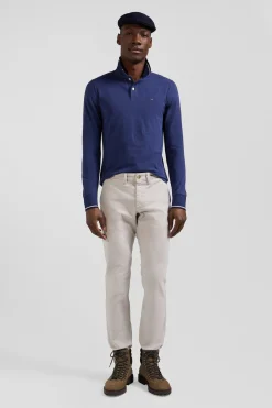 Polo manches longues bleu foncé en coton stretch finitions rayées