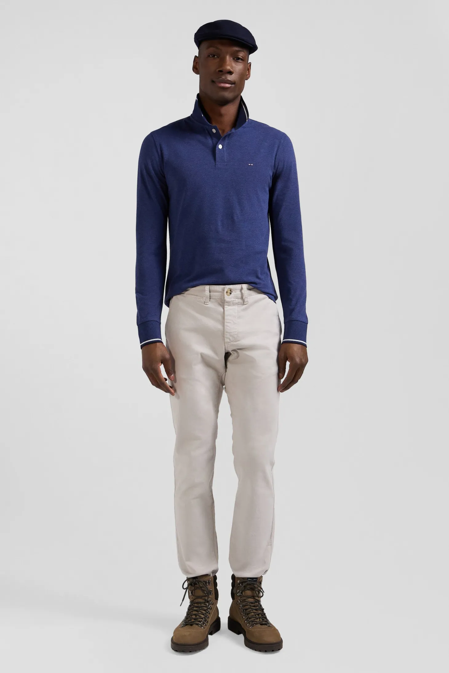 Polo manches longues bleu foncé en coton stretch finitions rayées