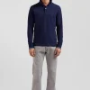 Polo manches longues bleu marine en coton stretch finitions rayées