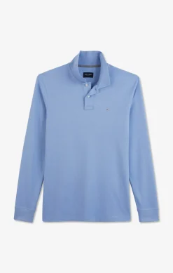 Polo manches longues bleu uni en piqué de coton stretch