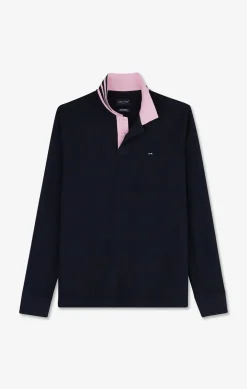 Polo manches longues bleu marine en coton avec col contrasté