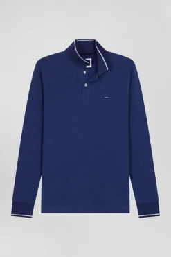Polo manches longues bleu foncé en coton stretch finitions rayées