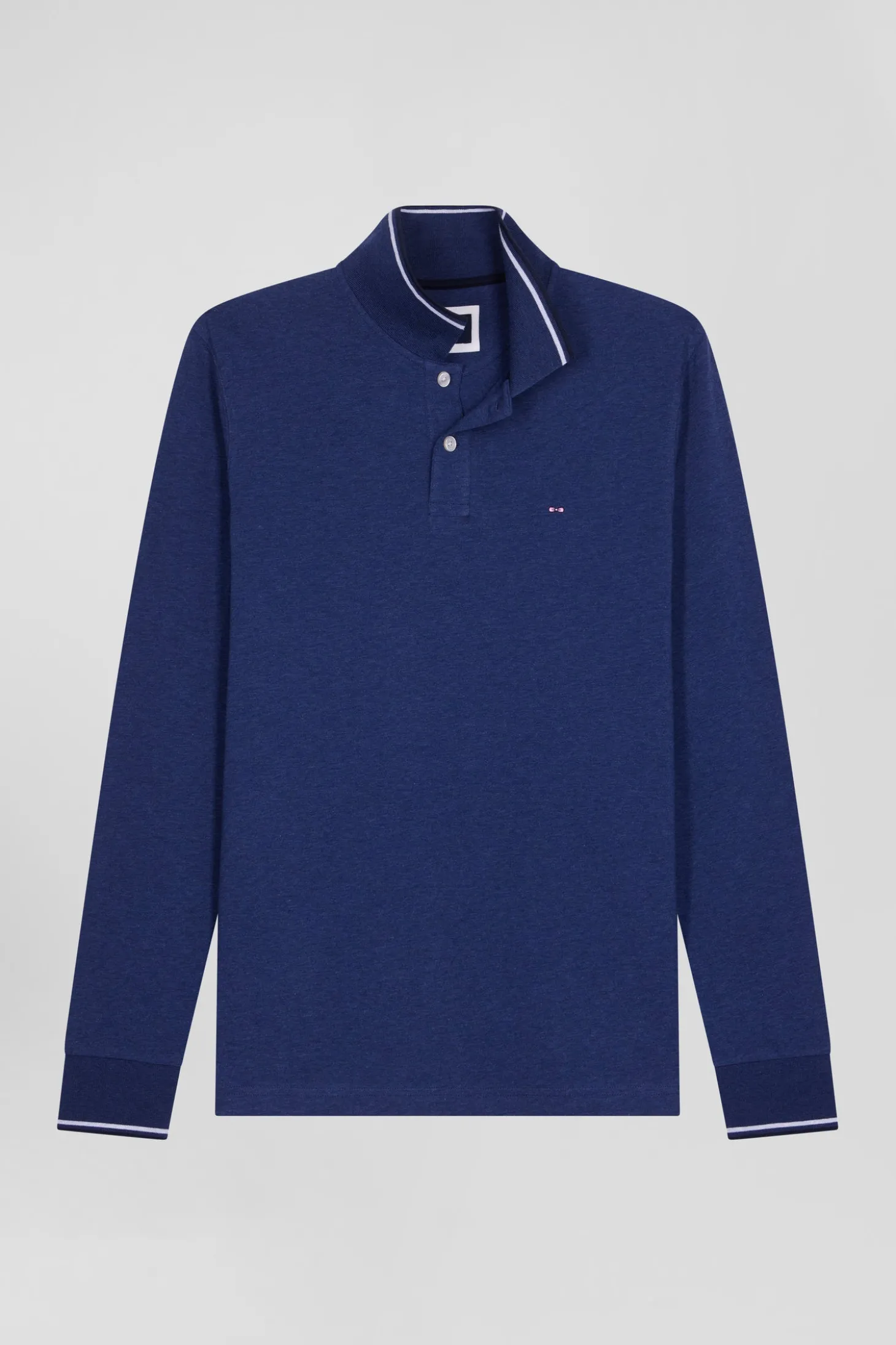 Polo manches longues bleu foncé en coton stretch finitions rayées