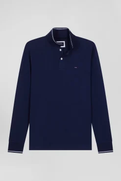 Polo manches longues bleu marine en coton stretch finitions rayées