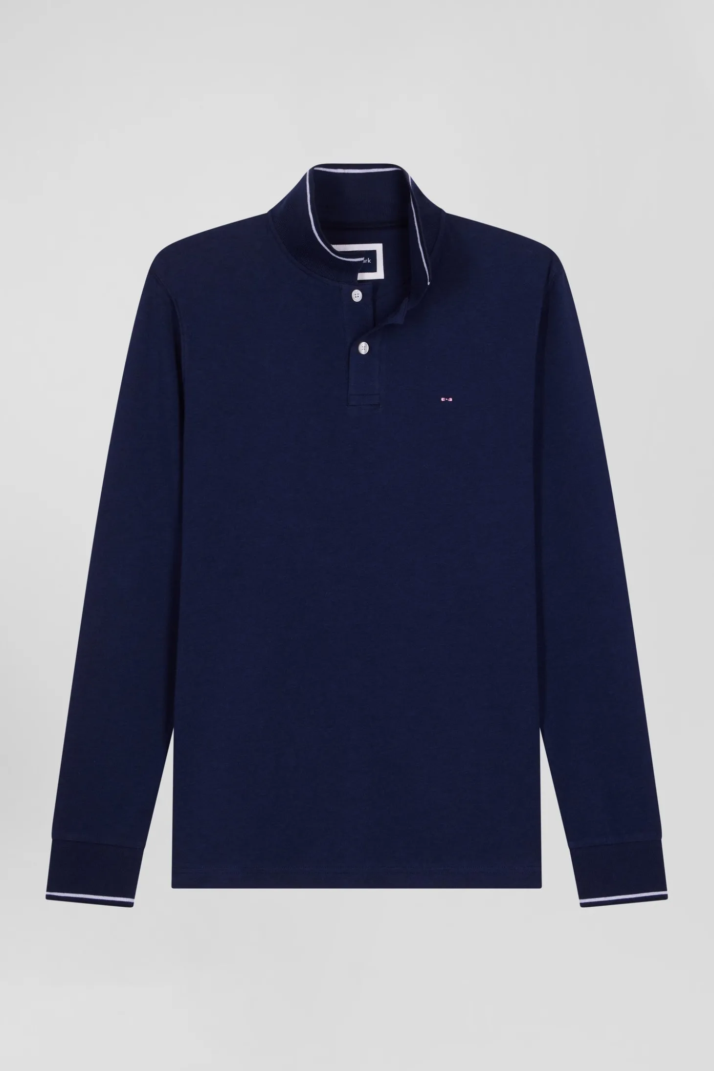 Polo manches longues bleu marine en coton stretch finitions rayées