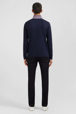 Polo manches longues bleu marine en coton avec col contrasté